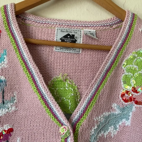 Handknits by Storybook Knits Sequin Peonies Embroidered Cardigan Cottagecore 1X - Picture 6 of 16